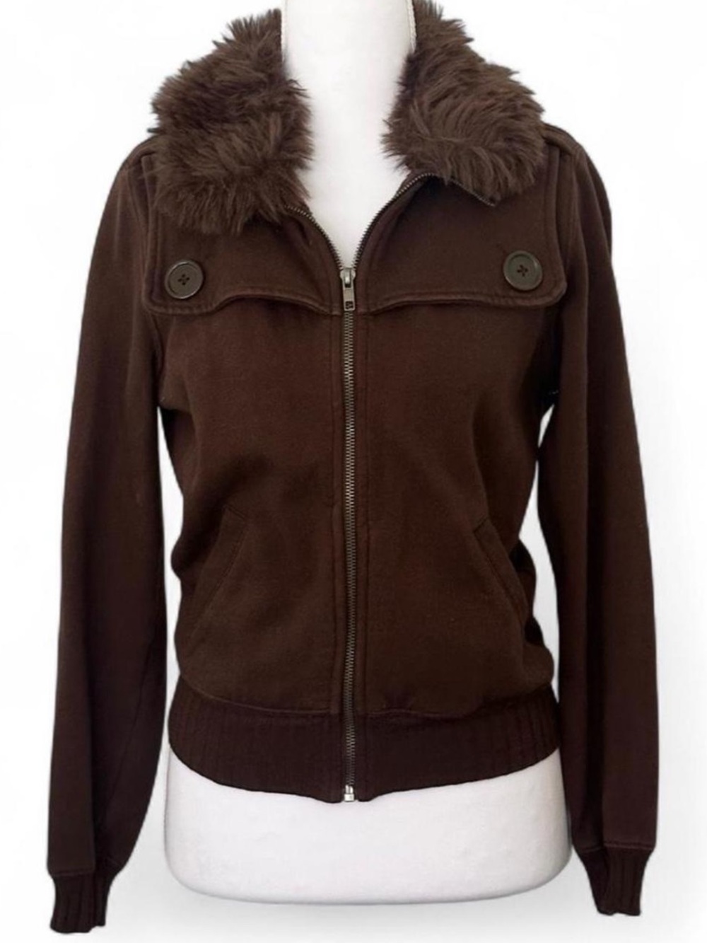 Brown Bomber Jacket w Faux Fur Collar